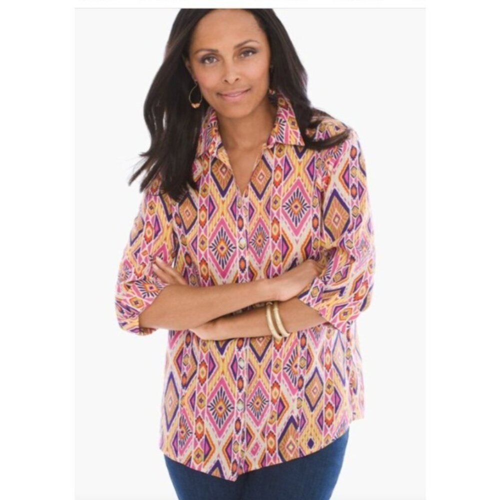 Chicos 3 Womens Ikat Linen Button-Back no iron Shirt blouse 3/4 sleeve Size XL